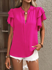 Ruffle Sleeve Notched Blouse - kinko