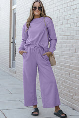 Double Take Full Size Textured Long Sleeve Top and Drawstring Pants Set - kinko