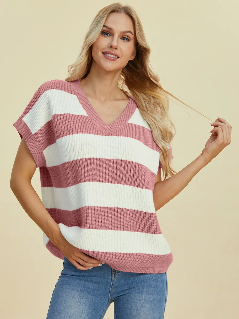 Double Take Full Size Striped V-Neck Short Sleeve Sweater - kinko
