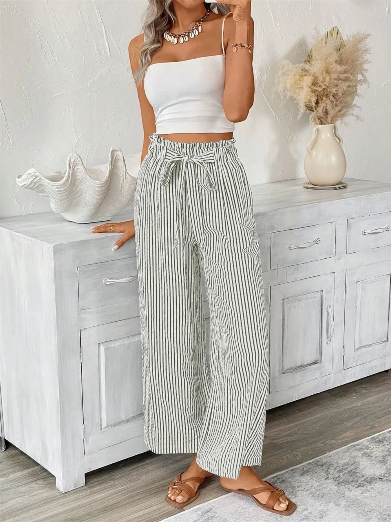 Full Size Striped Wide Leg Paper Bag Pants Plus Size - kinko