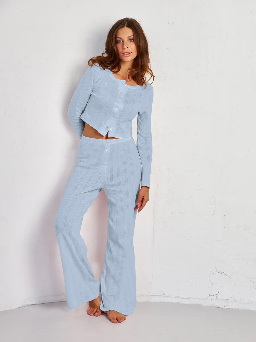 Cropped Knitted Cotton Jacquard Long-sleeved Trousers Cardigan Three-piece Set - kinko