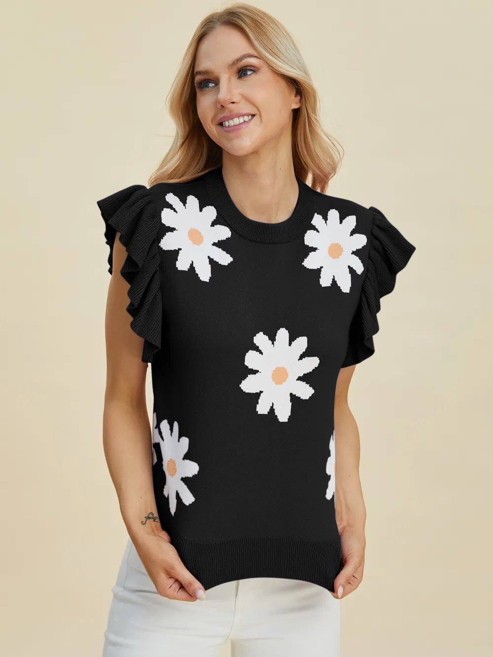 Double Take Full Size Ruffled Flower Round Neck Cap Sleeve Sweater - kinko
