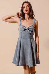 SO ME Mineral Washed Bow Ribbon Denim Flare Dress - kinko