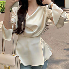 High-end Irregular Bell Sleeve Waist-tight Graceful Satin Long Sleeve Shirt - kinko