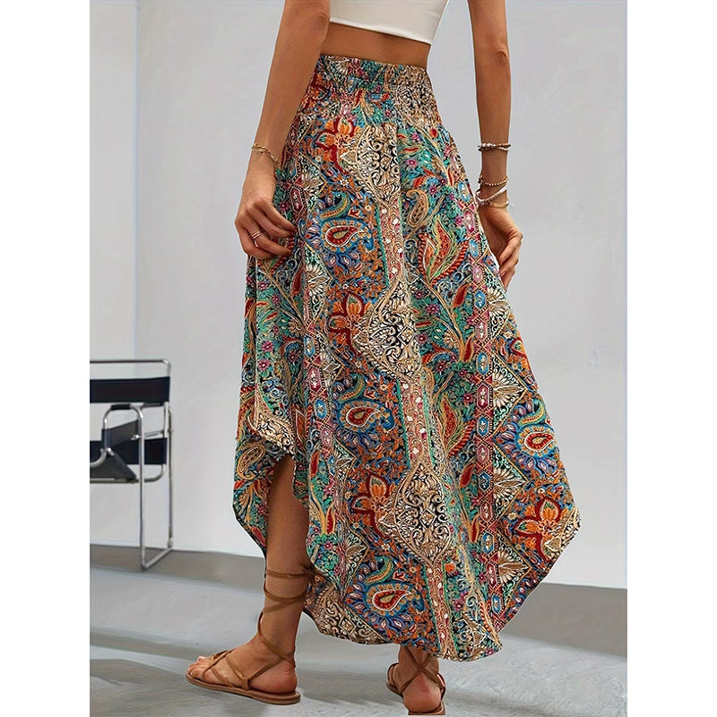 Women's High Elastic Waist Midi Skirt Casual Summer Trendy Tie Front Flowy Floral Print Beach Long Skirt - kinko