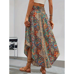 Women's High Elastic Waist Midi Skirt Casual Summer Trendy Tie Front Flowy Floral Print Beach Long Skirt - kinko