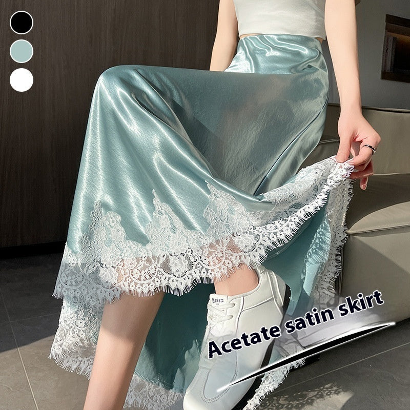 Spring And Summer Lace Acetate Satin Fishtail Skirt For Women - kinko