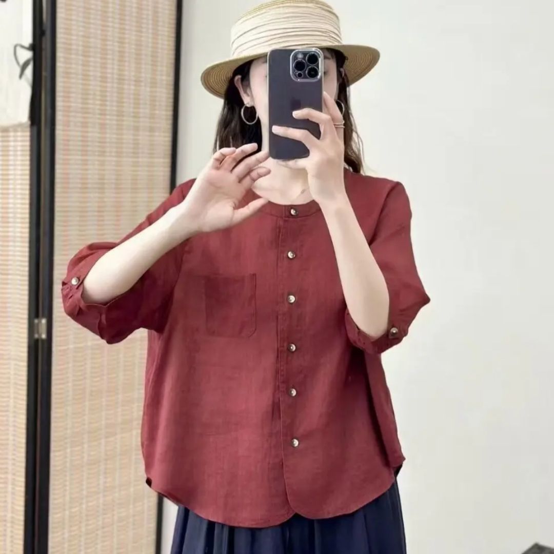 All-matching Western Style Cotton And Linen Short Sleeve Shirt - kinko