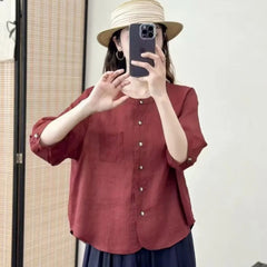 All-matching Western Style Cotton And Linen Short Sleeve Shirt - kinko