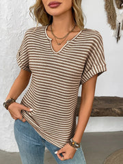 Striped Notched Short Sleeve T-Shirt - kinko