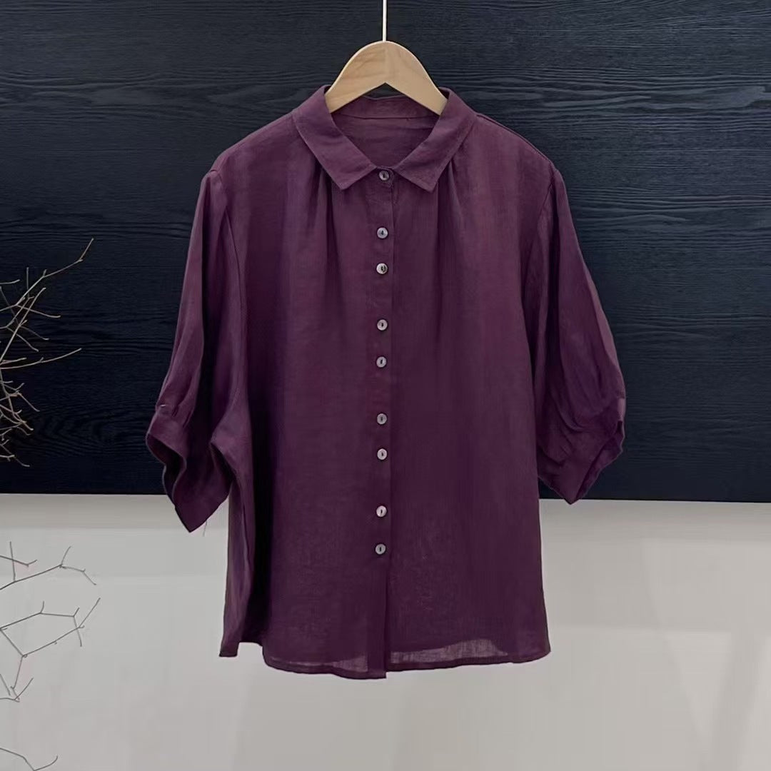Artistic Versatile Breathable Solid Color Linen Women's Shirt - kinko