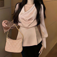 High-end Irregular Bell Sleeve Waist-tight Graceful Satin Long Sleeve Shirt - kinko