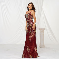 Sling Off-neck Sheath Sequined Banquet Fishtail Evening Dress - kinko