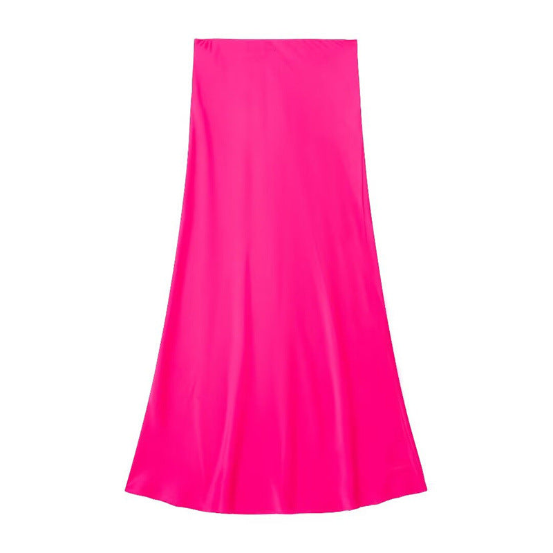 Solid Color Slim Silk Satin Texture Midi Skirt - kinko