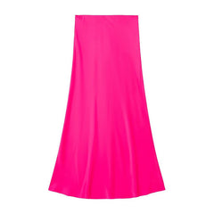 Solid Color Slim Silk Satin Texture Midi Skirt - kinko