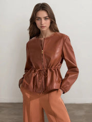 Drawstring Zip Up Leather Jacket - kinko