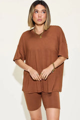 Basic Bae Full Size V-Neck Drop Shoulder T-Shirt and Shorts Set - kinko