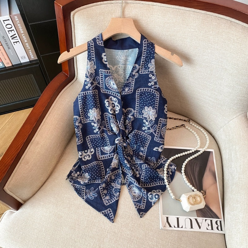 Red Sleeveless Floral Twist Sweet Spicy Waistcoat Top - kinko