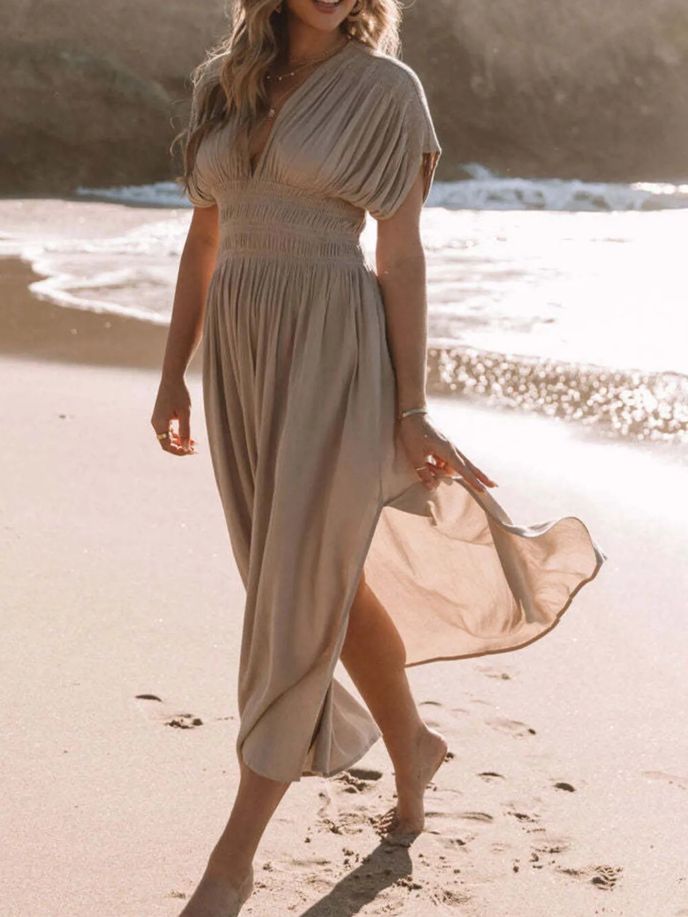 Full Size Deep V-Neck Maxi Dress with Side Slit Plus Size - kinko