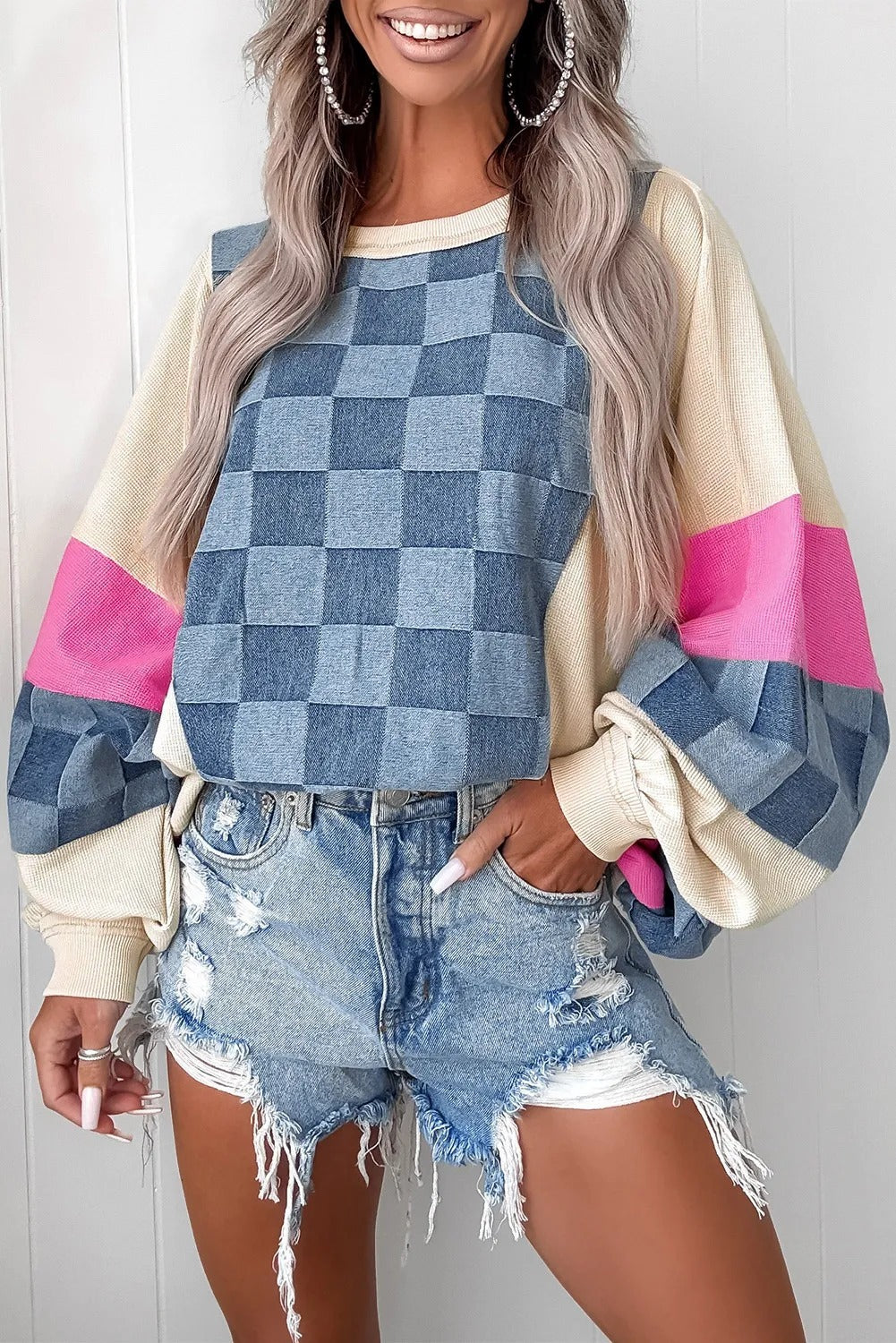 Sky Blue Oversized Checkered Denim Exposed Seam Patchwork Casual Sweatshirt - kinko