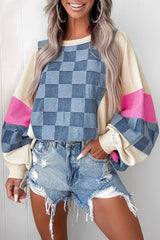 Sky Blue Oversized Checkered Denim Exposed Seam Patchwork Casual Sweatshirt - kinko