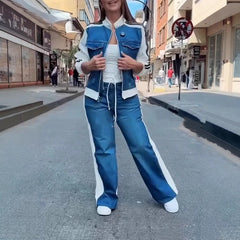 Women's Fashion Denim Stitching Long-sleeve Zipper Two-piece Set - kinko