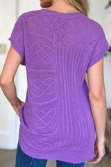 Double Take Full Size Cable-Knit Round Neck Cap Sleeve Sweater - kinko