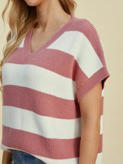 Double Take Full Size Striped V-Neck Short Sleeve Sweater - kinko