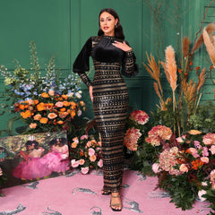 Long Sleeve Round Neck Sequins Slit Evening Dress - kinko