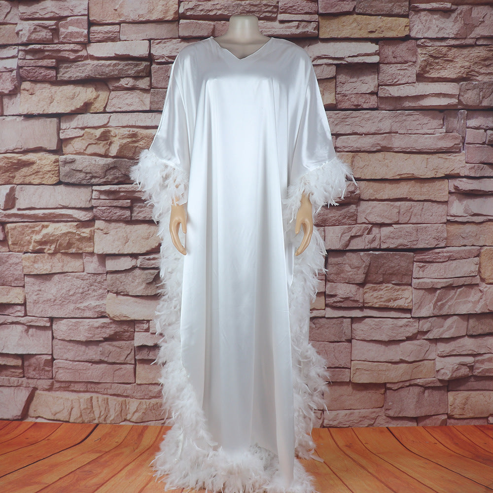African Women's Loose Dress Luxury Fully Surrounded Light Feather Batwing Sleeve High Slit Robe - kinko