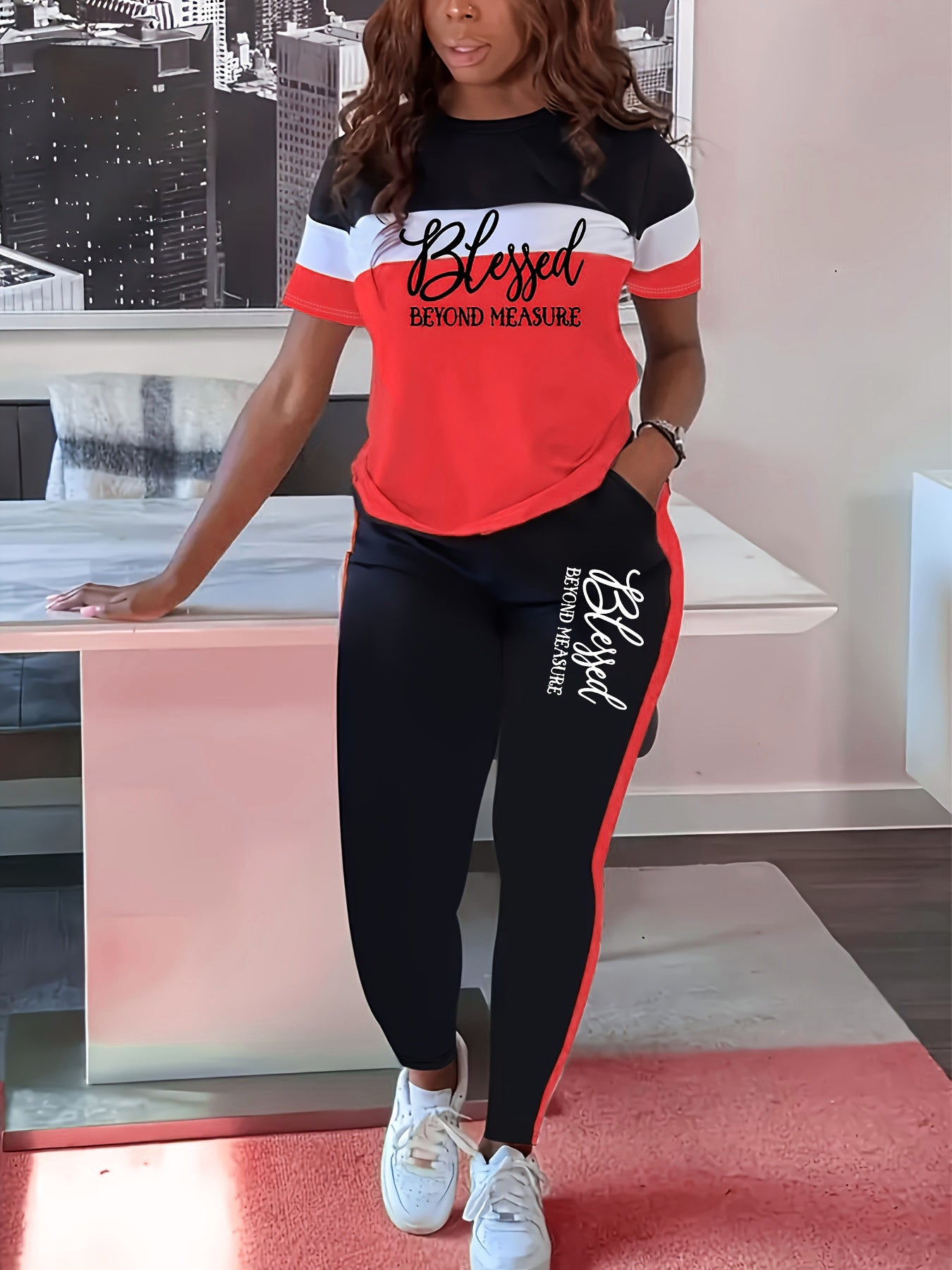 Contrast Color Striped Short Sleeve With Wide Leg Pants Suit - kinko