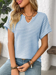Striped Notched Short Sleeve T-Shirt - kinko