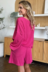 Double Take Full Size Texture V-Neck Long Sleeve T-Shirt and Shorts Set - kinko
