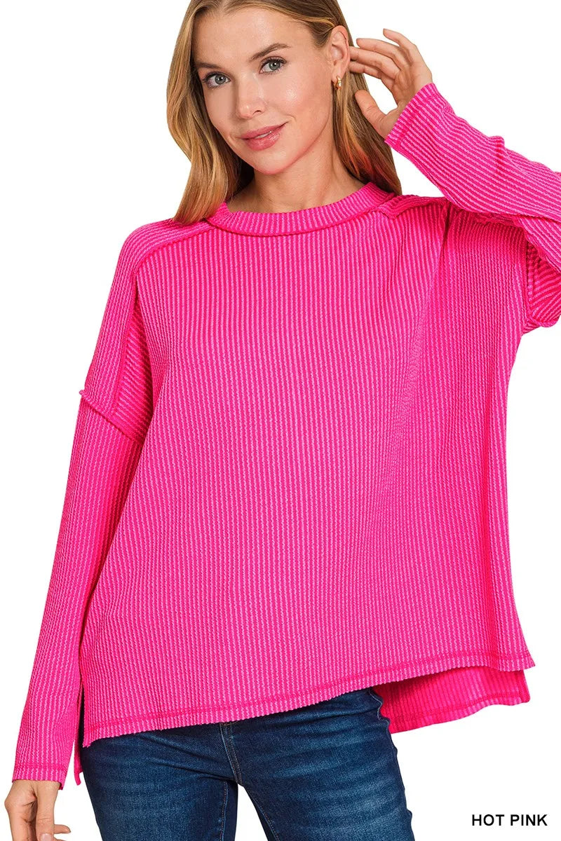 Zenana Exposed Seam Long Sleeve Corded Rib Knit Top - kinko