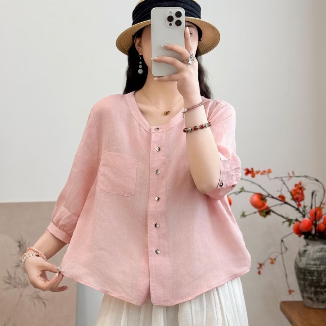 All-matching Western Style Cotton And Linen Short Sleeve Shirt - kinko