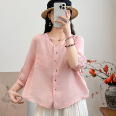 All-matching Western Style Cotton And Linen Short Sleeve Shirt - kinko