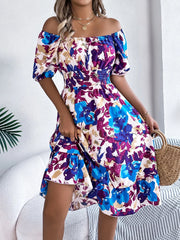 Ruffled Hem Smocked Floral Short Sleeve Midi Dress - kinko
