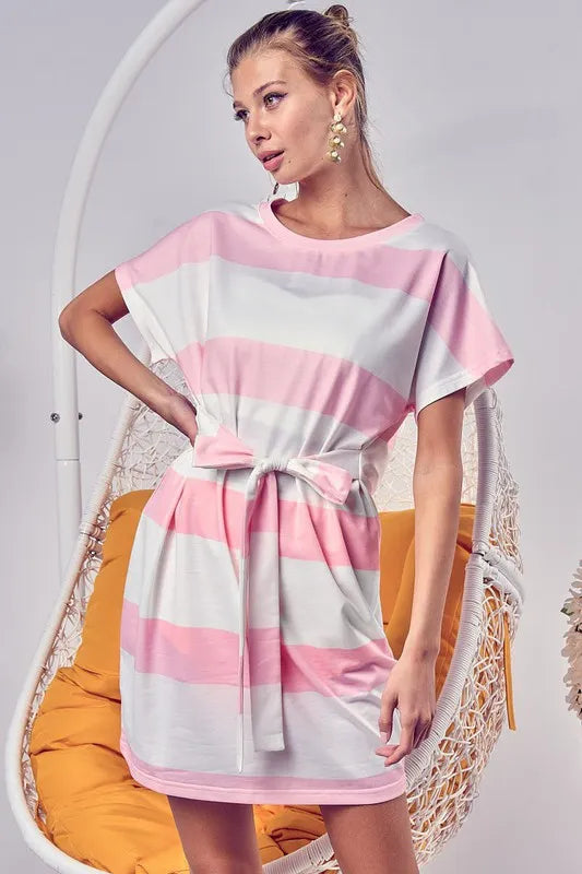 BiBi Tie Front Striped Short Sleeve Dress - kinko