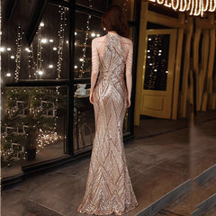 Beaded Sequined Banquet Long Halter Set Diamond Queen Fishtail Evening Gown - kinko