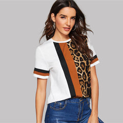 White Color Block Cut-and-Sew Leopard Panel Top Short Sleeve O-Neck Casual T Shirt Women Summer Leisure Tshirt Tops