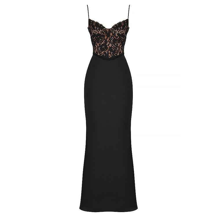 Lace High Waist Long Dress Deep V Strap Fishtail Gown - kinko