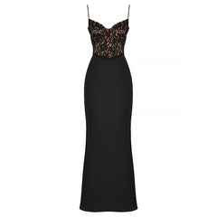 Lace High Waist Long Dress Deep V Strap Fishtail Gown - kinko