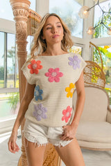 BiBi Multi Jeweled Crochet Flower Patch Sweater Vest - kinko
