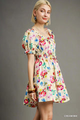 Umgee Floral Print Puff Sleeve Mini Dress - kinko