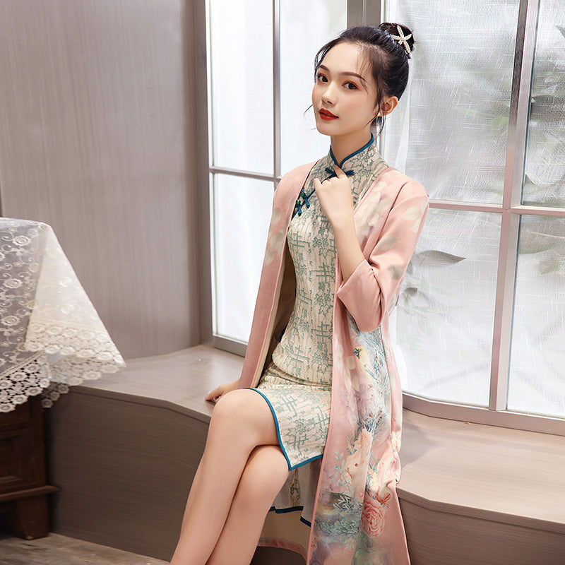 Women's Medium Length Cheongsam With Suede And Aodai Dress - kinko