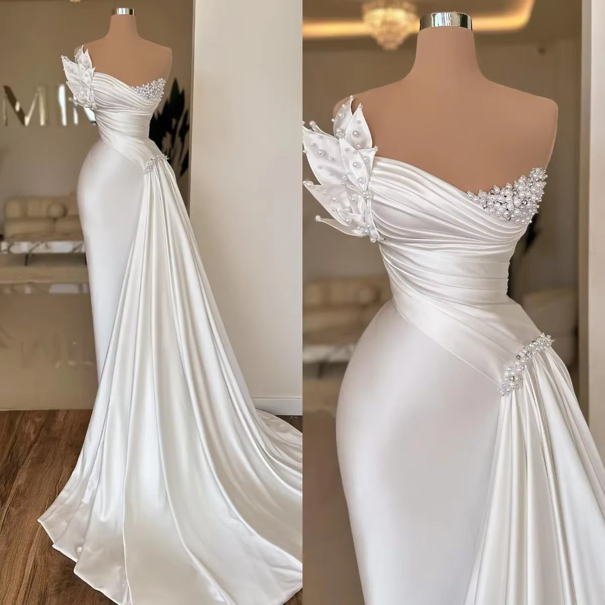 White Graceful Satin Simple Lightweight Wedding Dress Long Dress - kinko