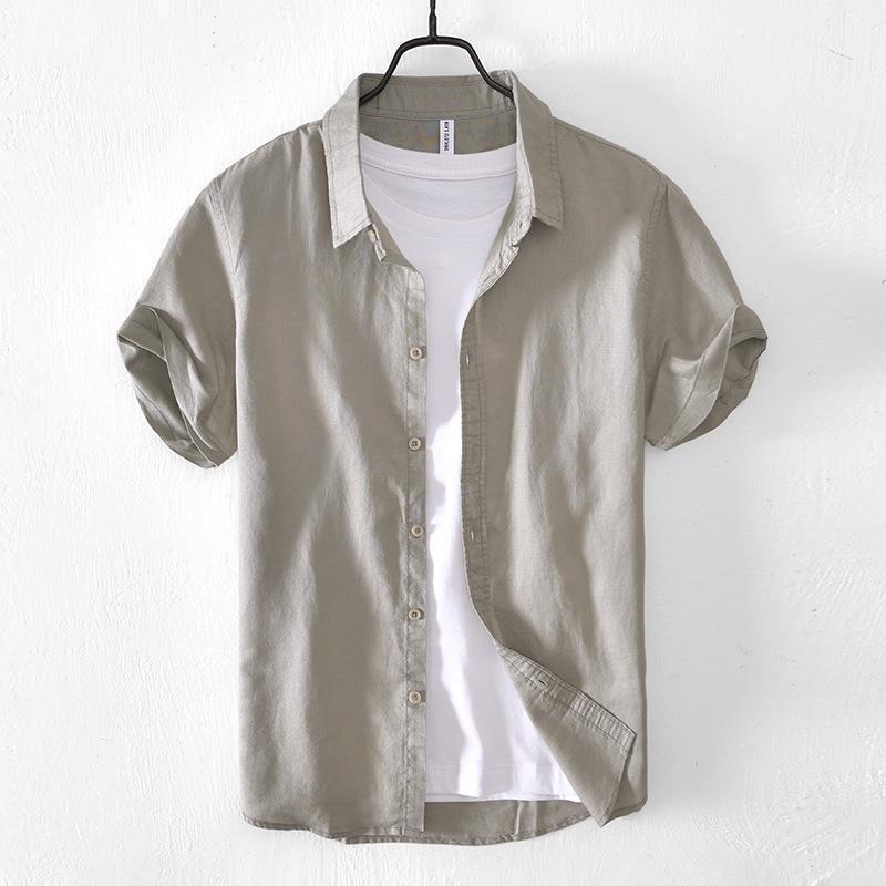 Casual Cotton And Linen Short Sleeve Shirt Men - kinko