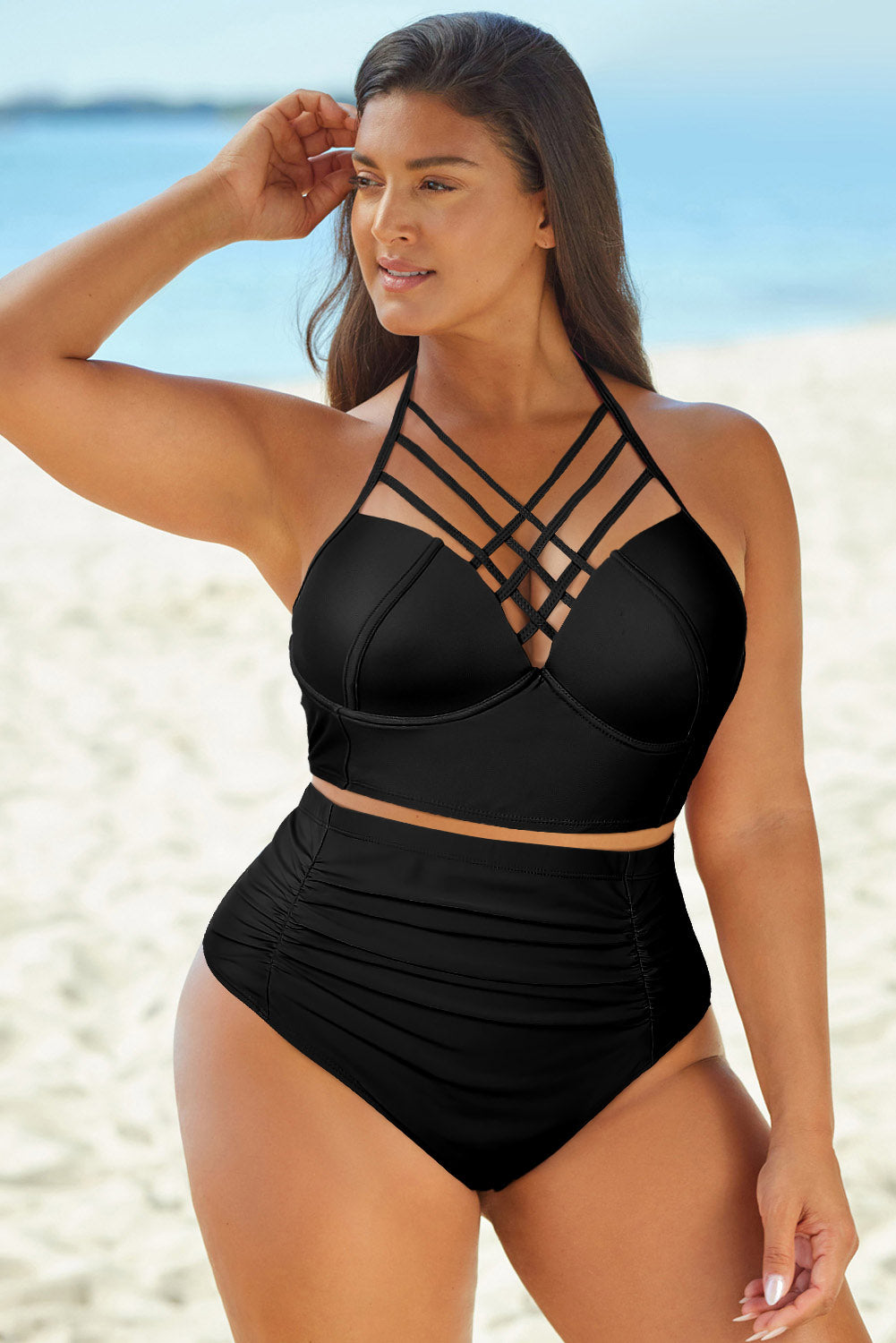 Full Size Halter Neck Crisscross Ruched Two-Piece Swimsuit - kinko
