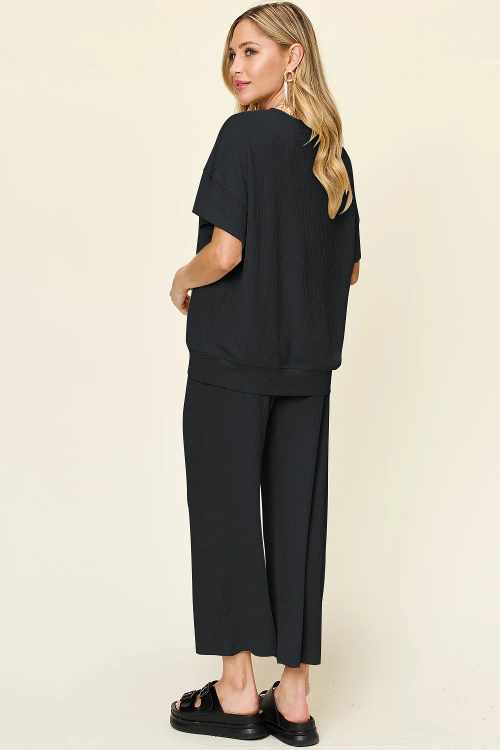 Double Take Full Size Texture Round Neck Short Sleeve T-Shirt and Wide Leg Pants - kinko