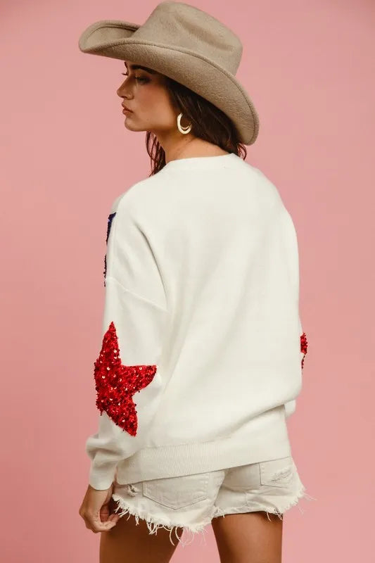 BiBi Velvet Sequin Star Patches Sweater Top - kinko